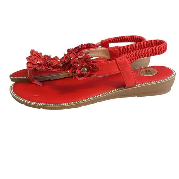 Atalina Red Beaded Thong Sandal Floral Rhinestone Women Shoe Sz 8W Elastic Strap - Picture 4 of 9